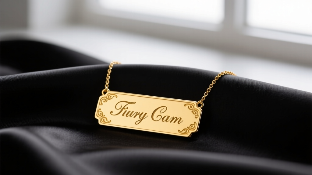 Close-up of a 14k yellow gold nameplate necklace resting on black silk, featuring classic cursive script, soft studio lighting.