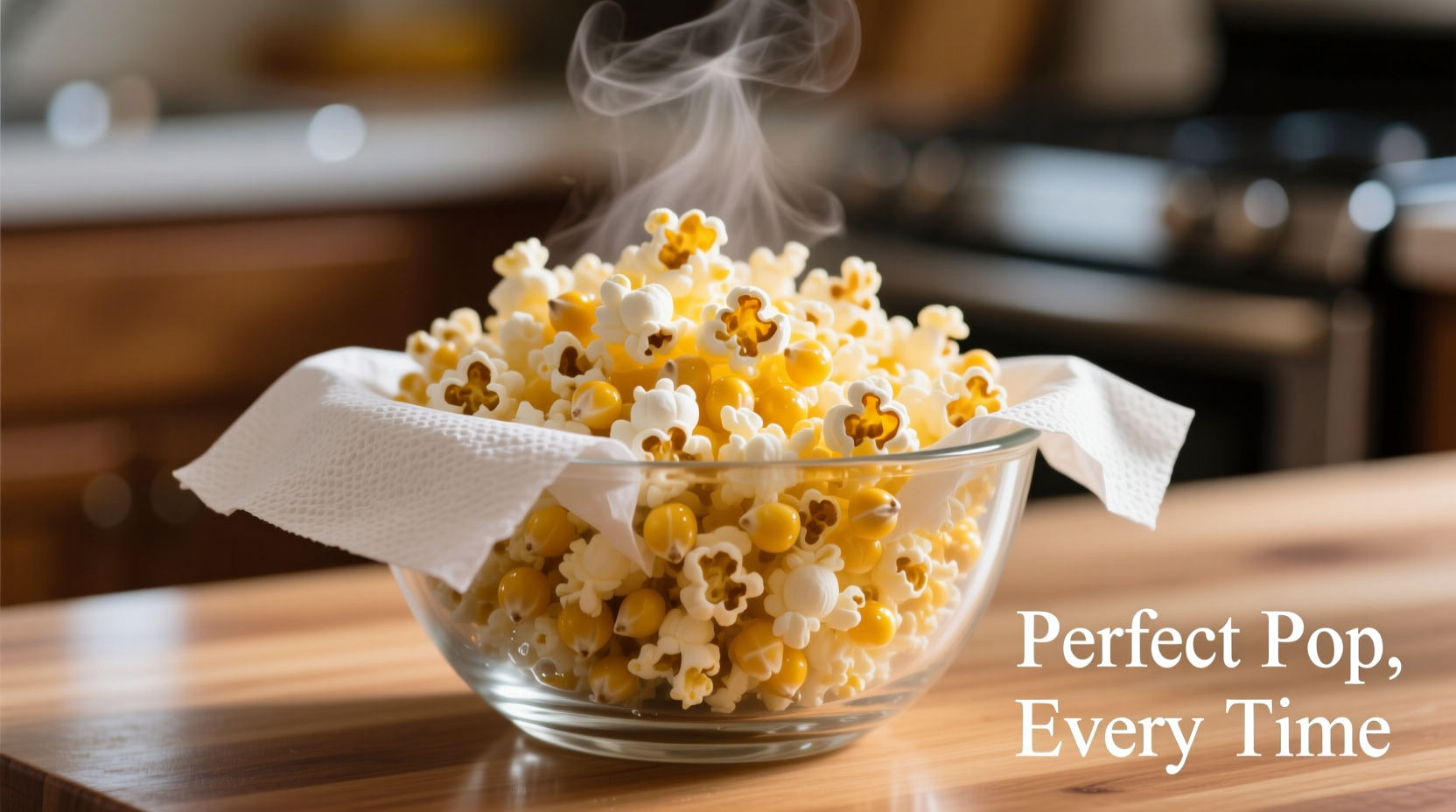 Microwave popcorn in glass bowl with paper towel