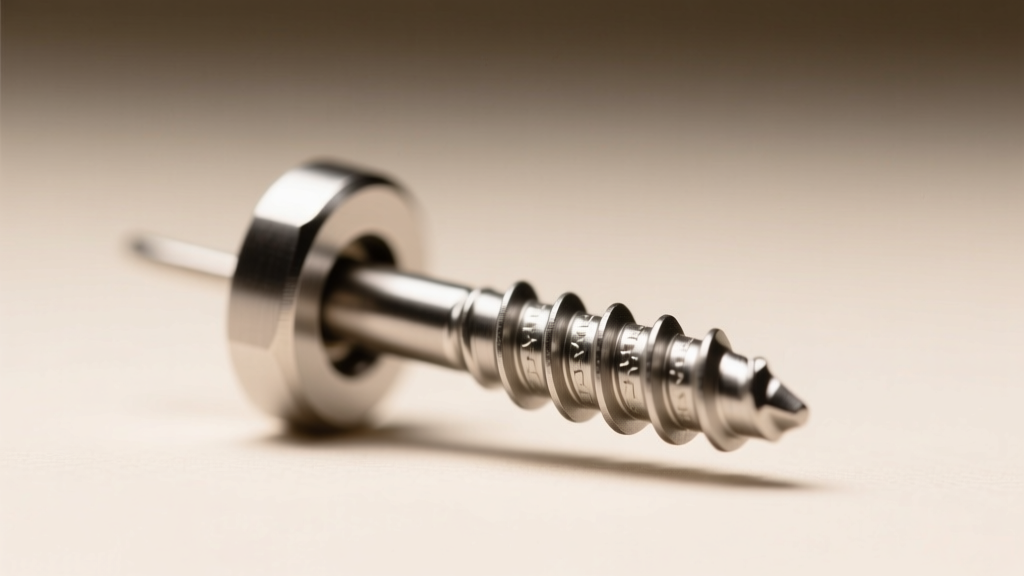 Close-up of a threaded titanium screw back earring closure showing machined grooves on the post against a soft neutral background.