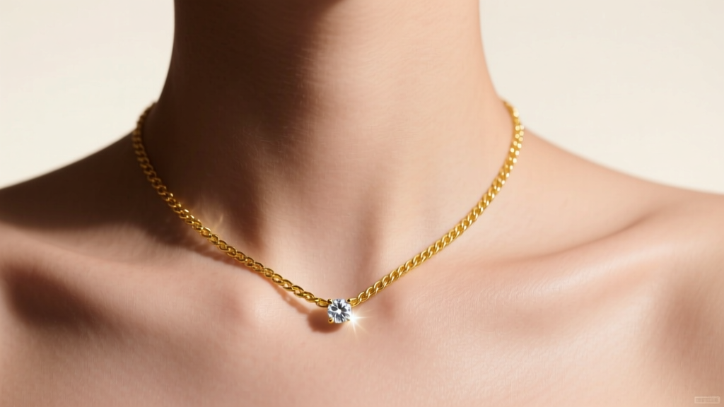 Close-up of a collarbone wearing an 18-inch 14k yellow gold cable chain with a small diamond pendant, soft studio lighting.