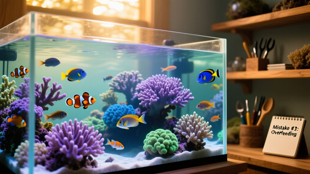 A well-balanced saltwater aquarium with healthy corals, clear water, and active fish