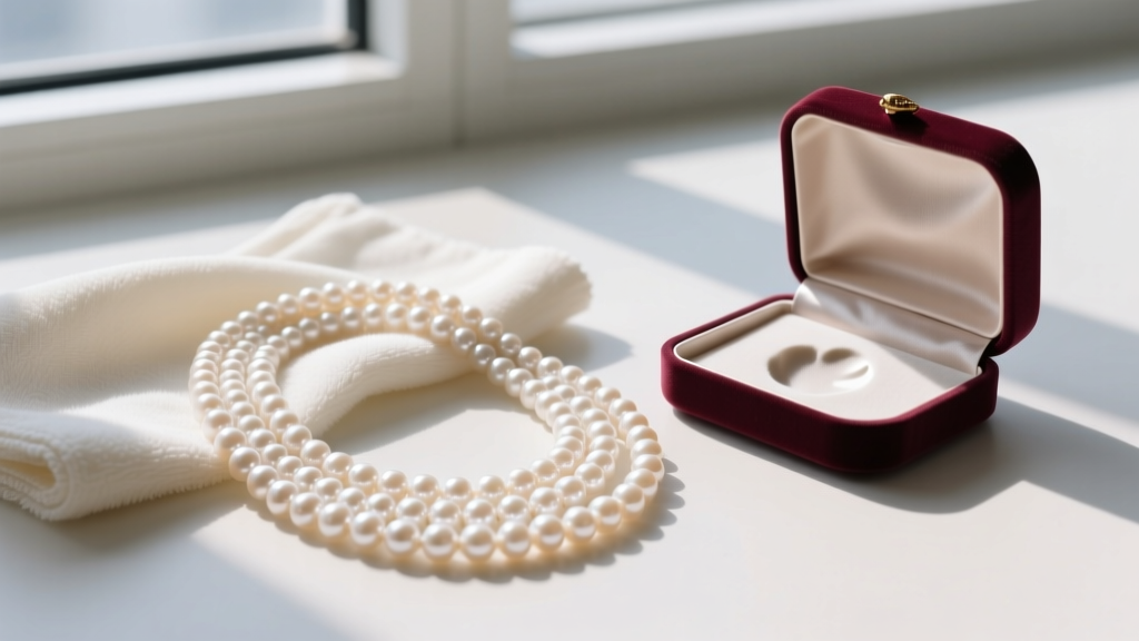 Flat lay of a multi-strand pearl necklace gently wiped with a microfiber cloth next to a soft silk jewelry storage pouch.