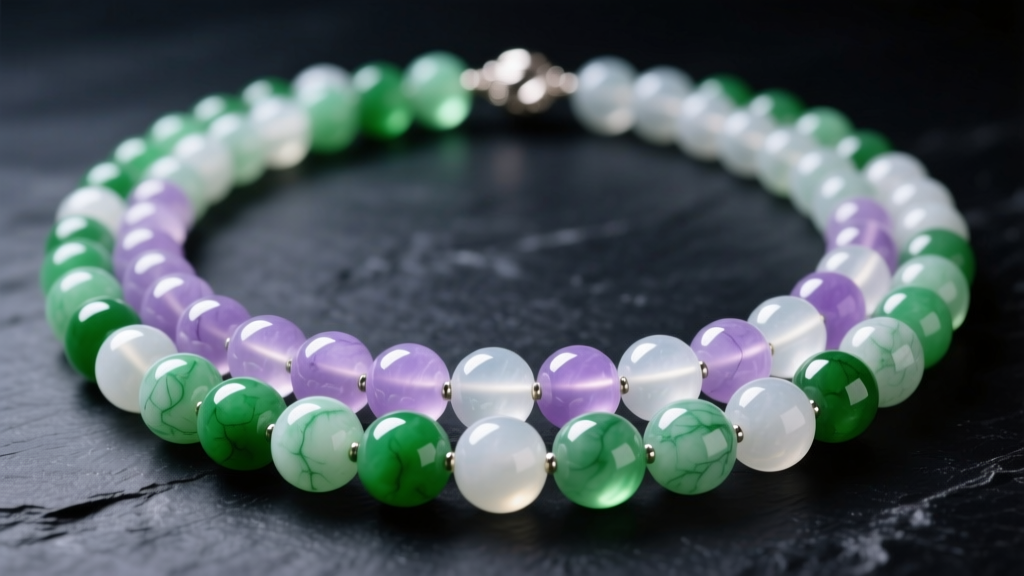 Macro shot of a multi colored jade bead necklace with bands of apple green, lavender, and translucent white on dark slate.