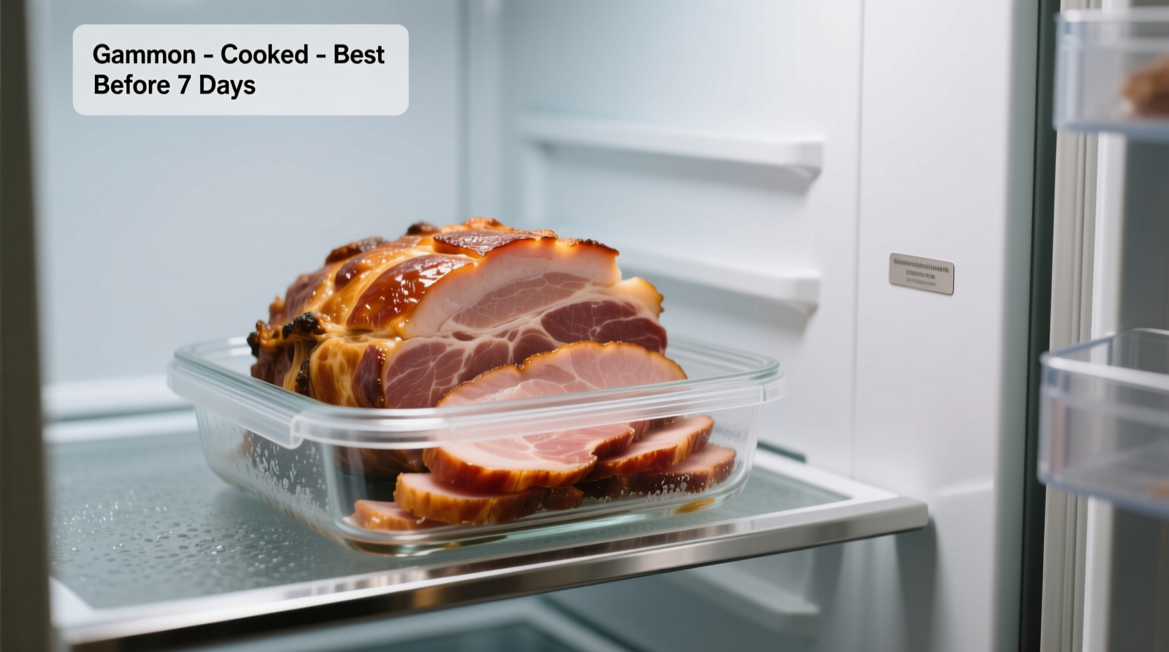 Sliced cooked gammon stored in airtight container in refrigerator