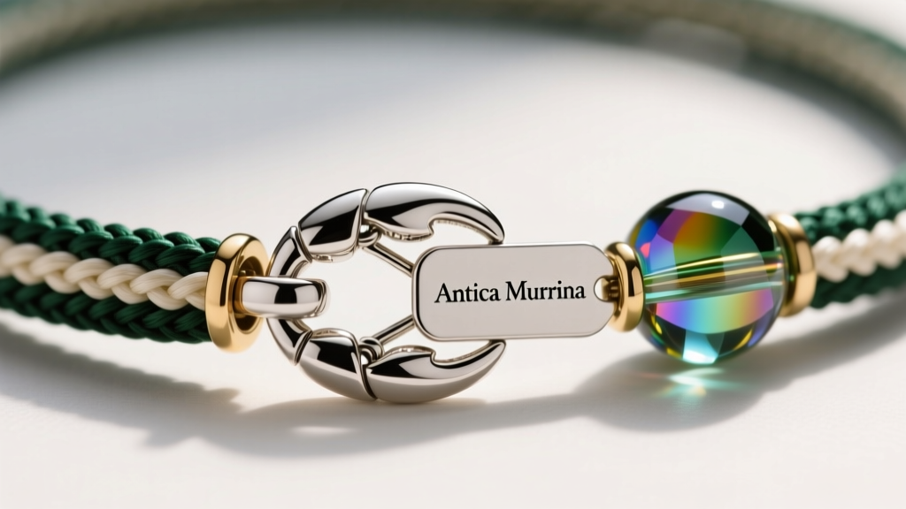 Detailed view of a rhodium-plated brass lobster clasp and branded tag on the woven cord of an Antica Murrina glass necklace.