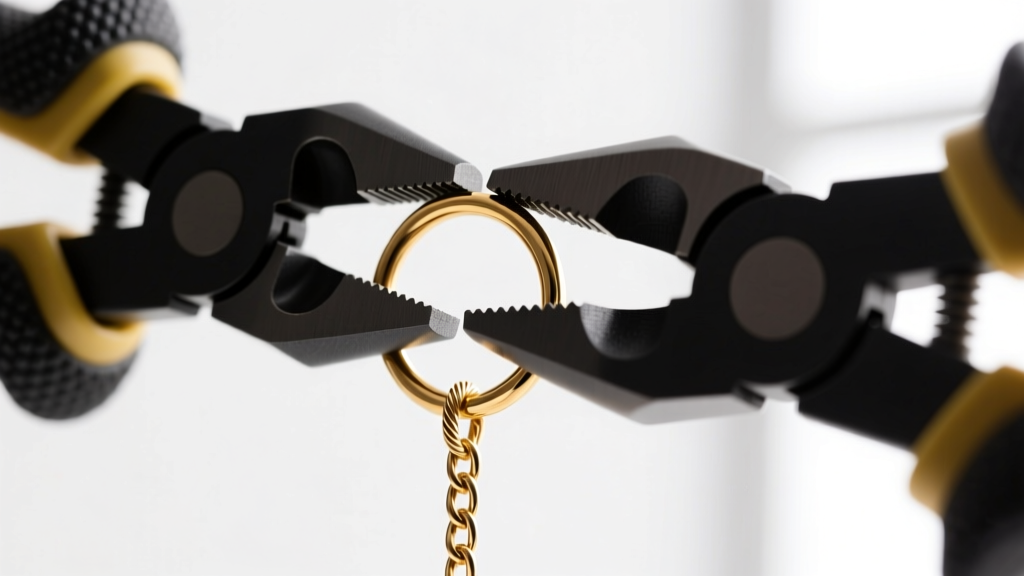 Close-up of nylon jaw pliers gently closing a 20-gauge seamless gold-filled jump ring over a delicate 1.5mm cable chain link