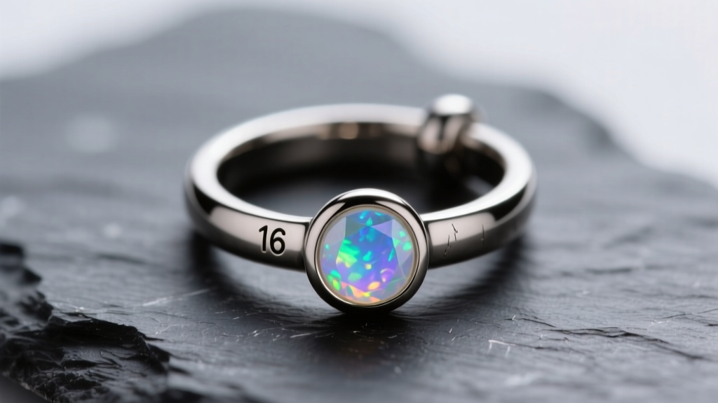 Close-up of 16-gauge titanium daith clicker ring with small opal gem, resting on dark slate surface under soft studio lighting.