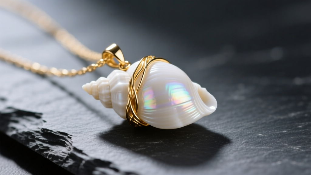 Macro photography of a polished white cowrie seashell pendant wrapped in 20-gauge 14k gold-filled wire, resting on dark slate