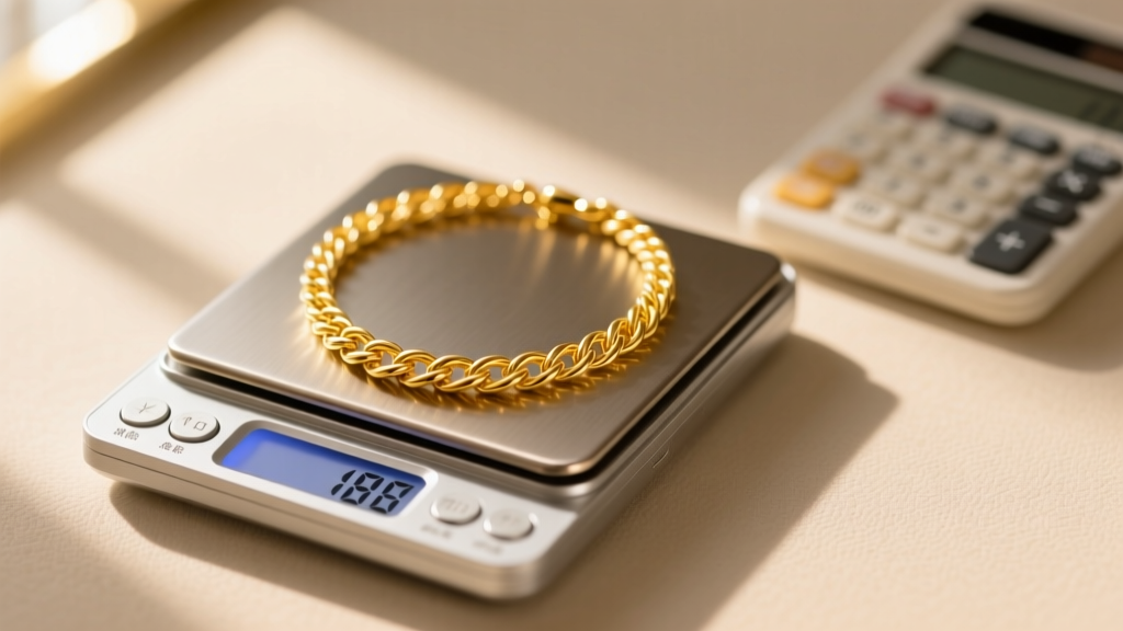 Digital scale weighing a delicate 18k yellow gold rope chain necklace, next to a blurred pricing calculator in soft, warm lighting.