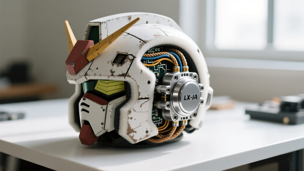 Close-up of weathered EVA foam Gundam helmet with exposed LX-16A serial servos and braided wiring on a maker workbench