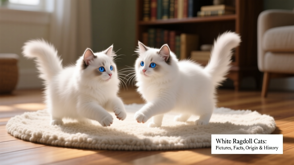 Two white Ragdoll kittens playing gently together on a sunlit rug, showcasing their fluffy coats and bright blue eyes