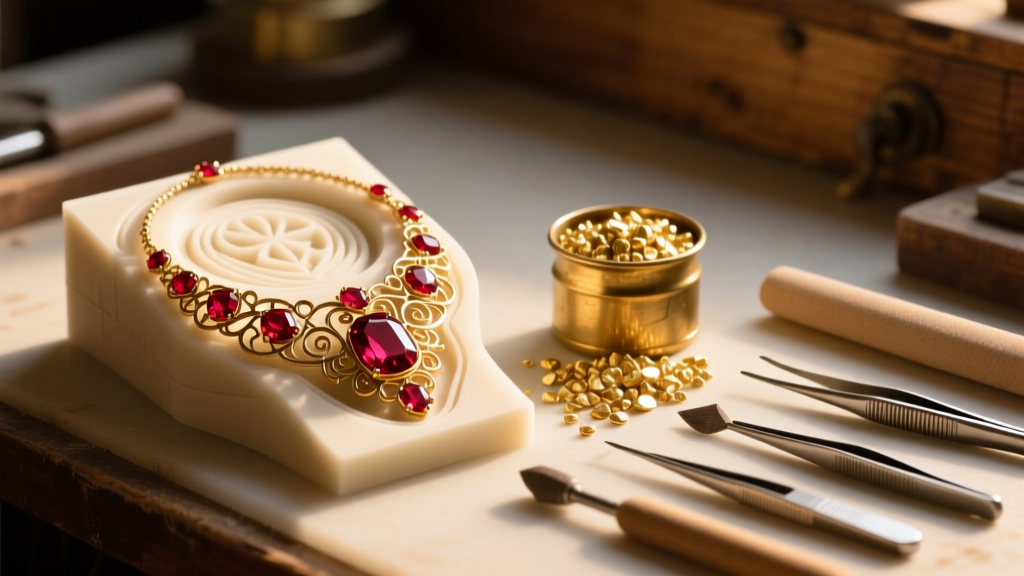 Jeweler workbench displaying a wax cast mold of a fantasy ruby necklace beside raw gold grain and polishing tools in warm light.