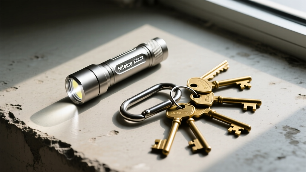 Flat lay photograph on a concrete surface showing the ultra-thin Nitecore EDC27 flashlight illuminating a titanium carabiner and brass keys