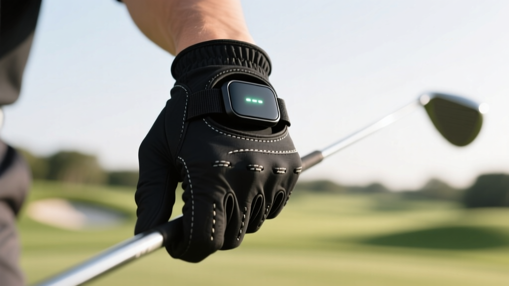 Close-up of a golfer left hand glove showing a black wearable wrist sensor attached to the velcro strap during a mid-swing motion blur