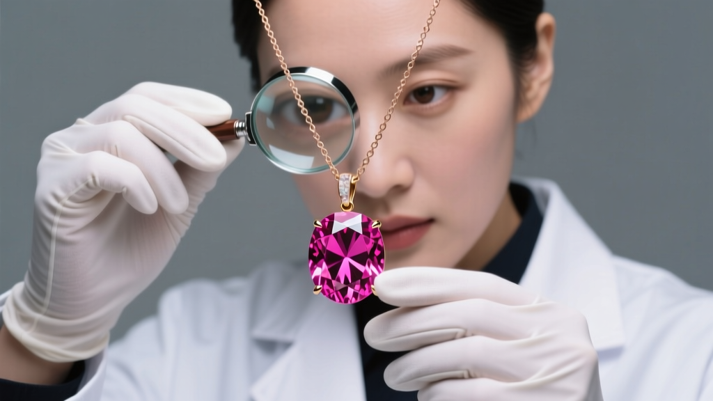 Gemologist inspecting a Fancy Vivid pink diamond pendant on an 18k rose gold chain under bright lab lighting using a 10x loupe