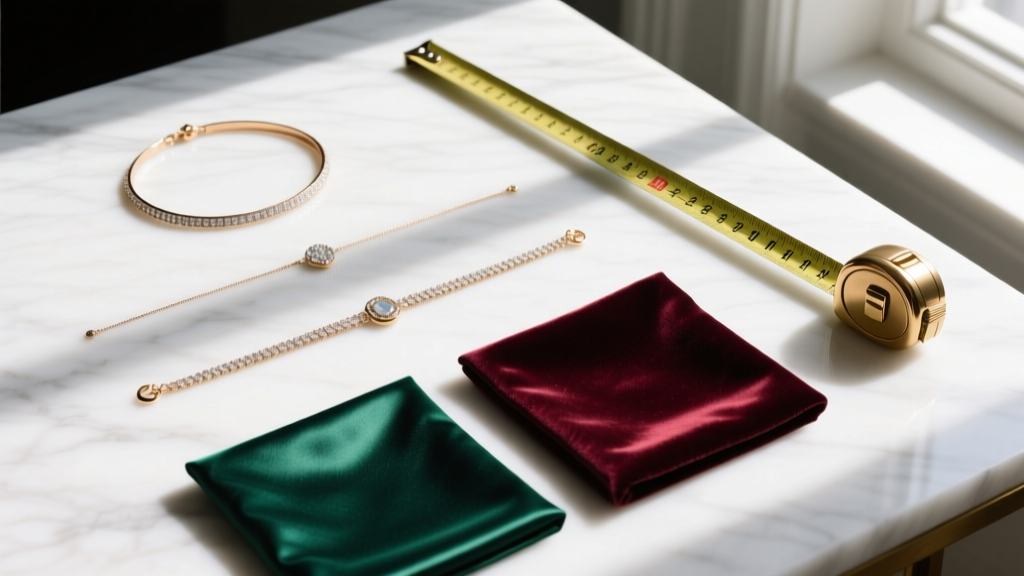 Flat-lay board showing three necklace lengths, a tape measure, and fabric swatches of satin and velvet on a white marble surface.
