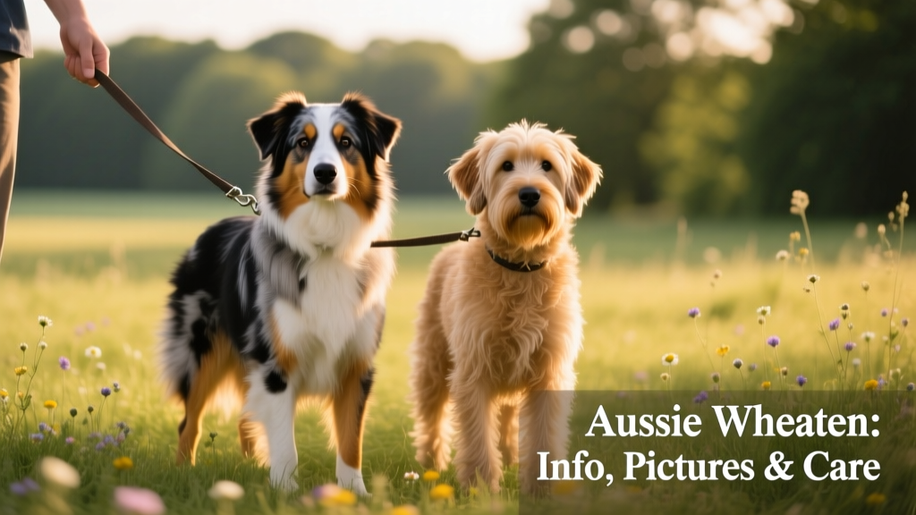 Side-by-side comparison showing an Australian Shepherd and a Soft Coated Wheaten Terrier standing calmly beside each other