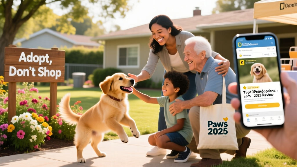 A joyful family meeting their newly adopted dog at a sunny outdoor shelter event