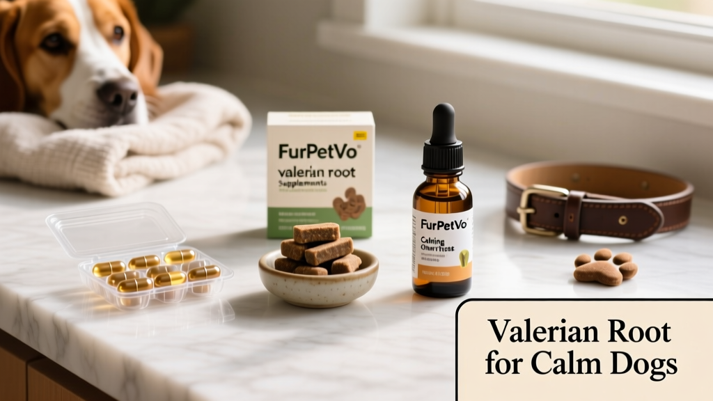 Side-by-side comparison of FurPetVo valerian capsules, calming chews, and alcohol-free tincture bottle on a clean countertop