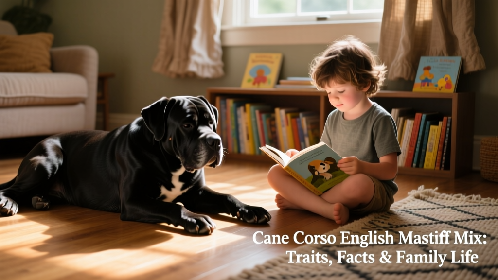 A relaxed Cane Corso English Mastiff mix lying calmly beside a child reading on the floor, illustrating gentle temperament and family compatibility