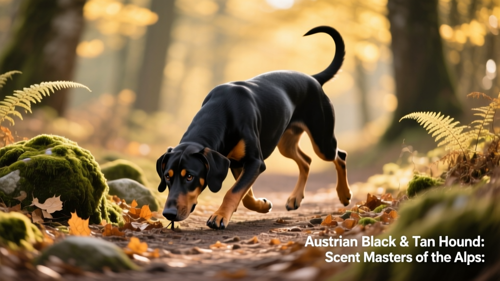 Austrian Black & Tan Hound on a woodland trail, head low and tail raised, actively following a scent trail