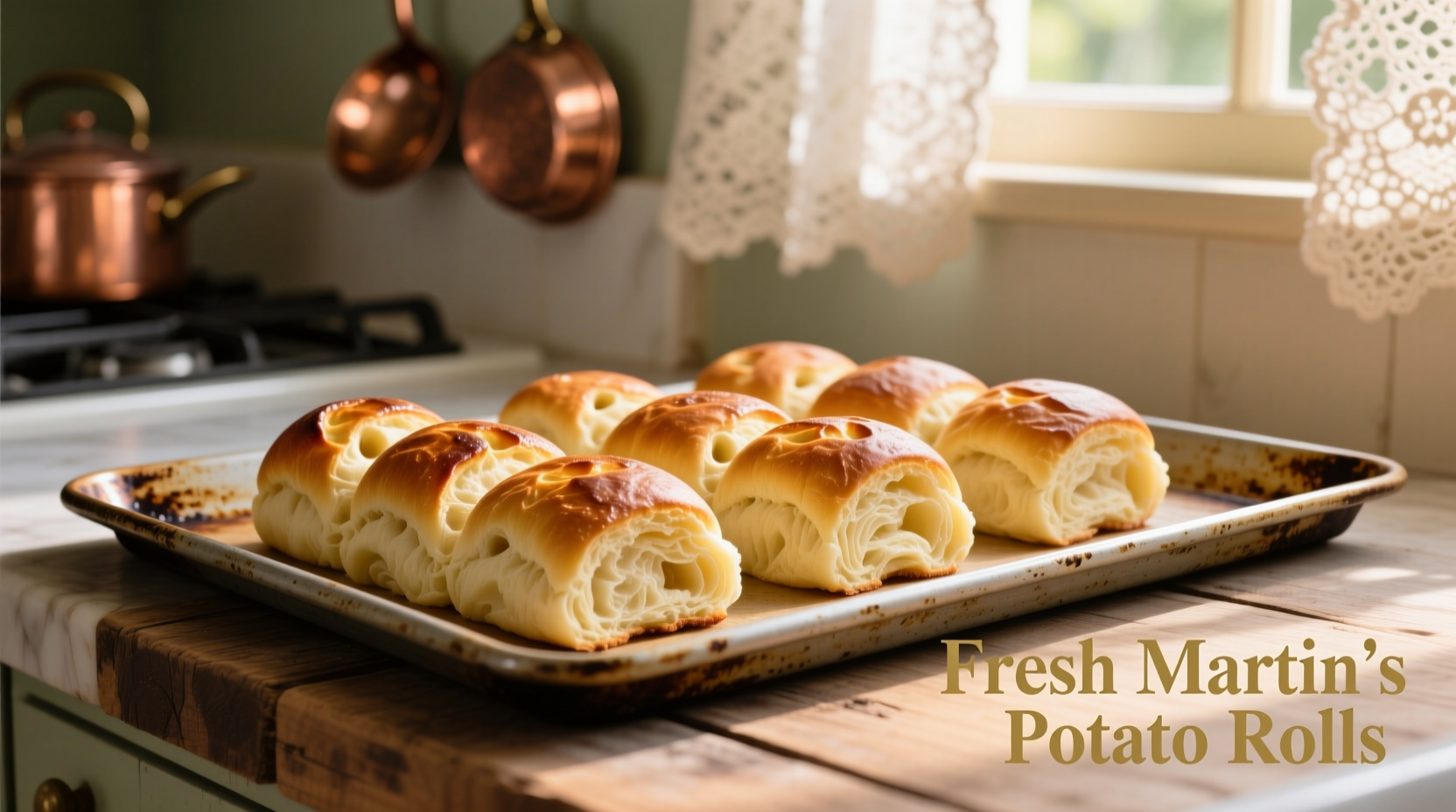 Fresh Martin's potato rolls on a baking sheet