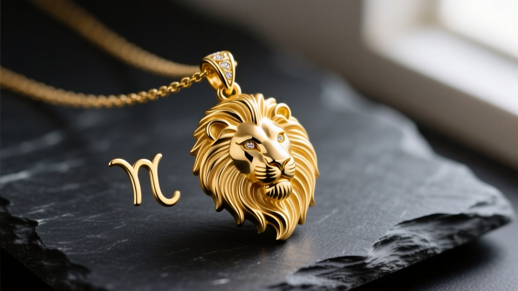 Macro shot of a 14k yellow gold zodiac sign necklace with a detailed Leo lion pendant resting on dark slate.