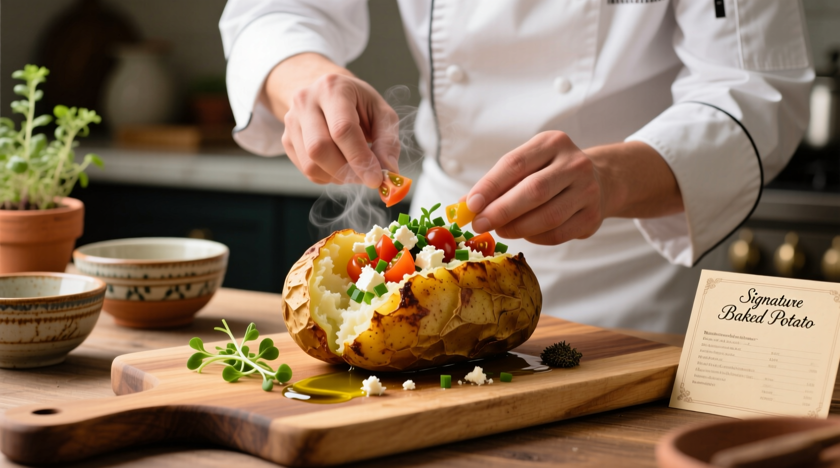 Chef preparing gourmet baked potato with fresh toppings