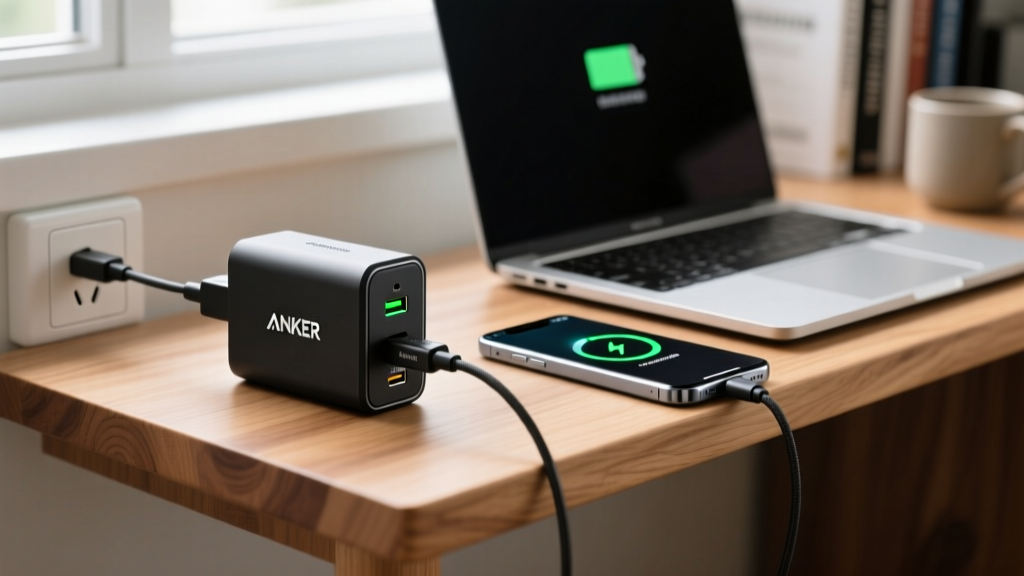 Close-up of an Anker Prime 100W GaN charger plugged into a wooden desk shelf, charging a laptop and smartphone simultaneously via USB-C