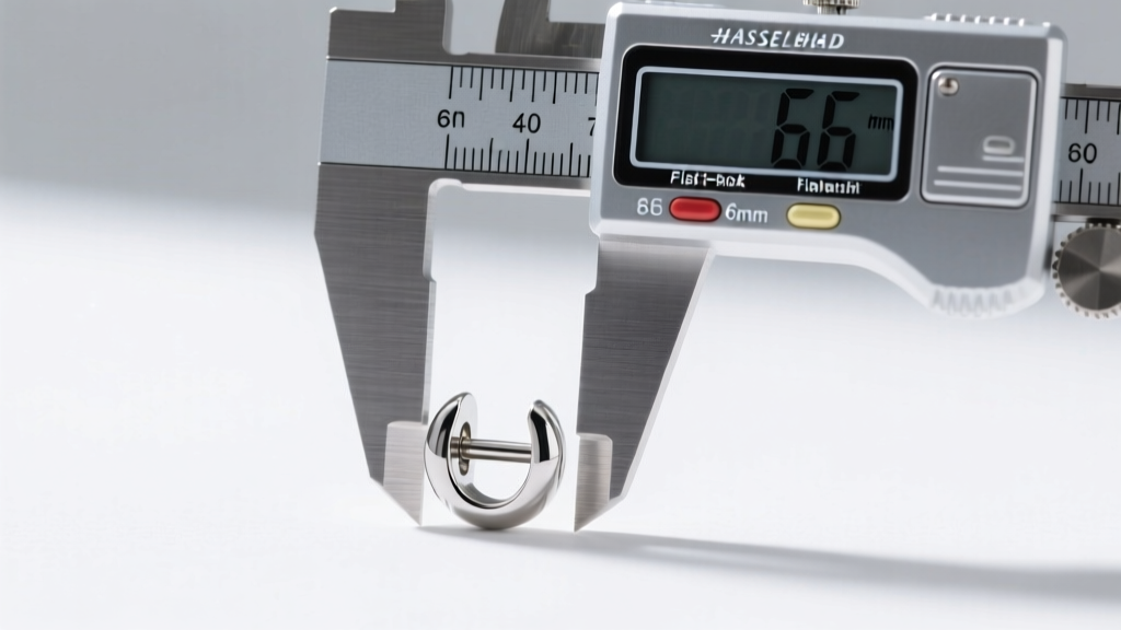 Digital caliper measuring the 6mm post length of a titanium flat-back labret earring against a bright white studio background.