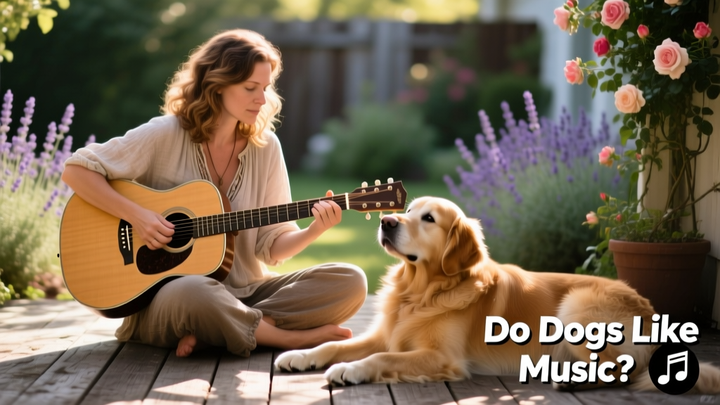 A person gently playing guitar while a Golden Retriever rests attentively nearby