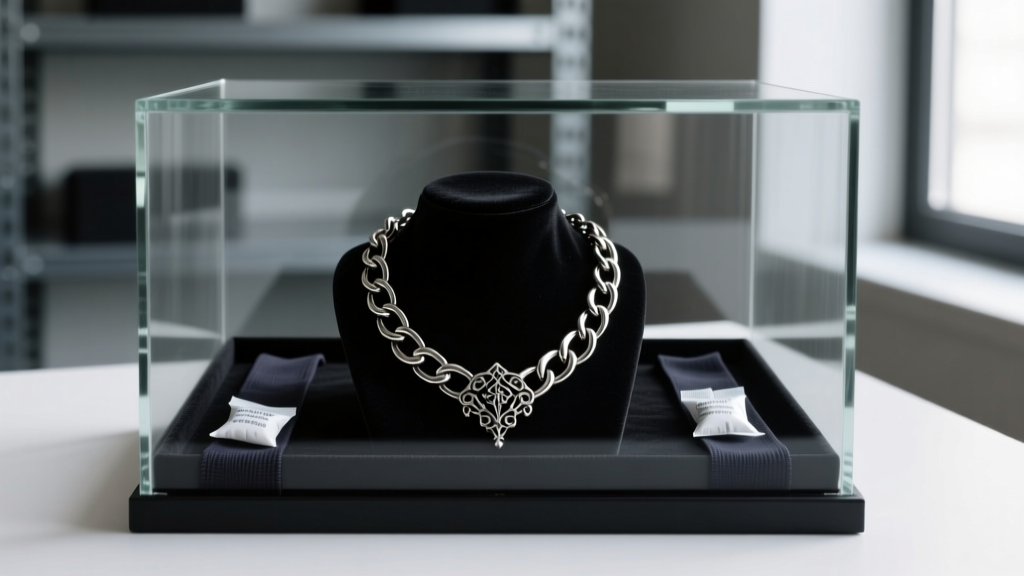 Dark gothic chain necklace stored in a low-humidity glass case alongside silica gel packets and dark anti-tarnish cloth strips.