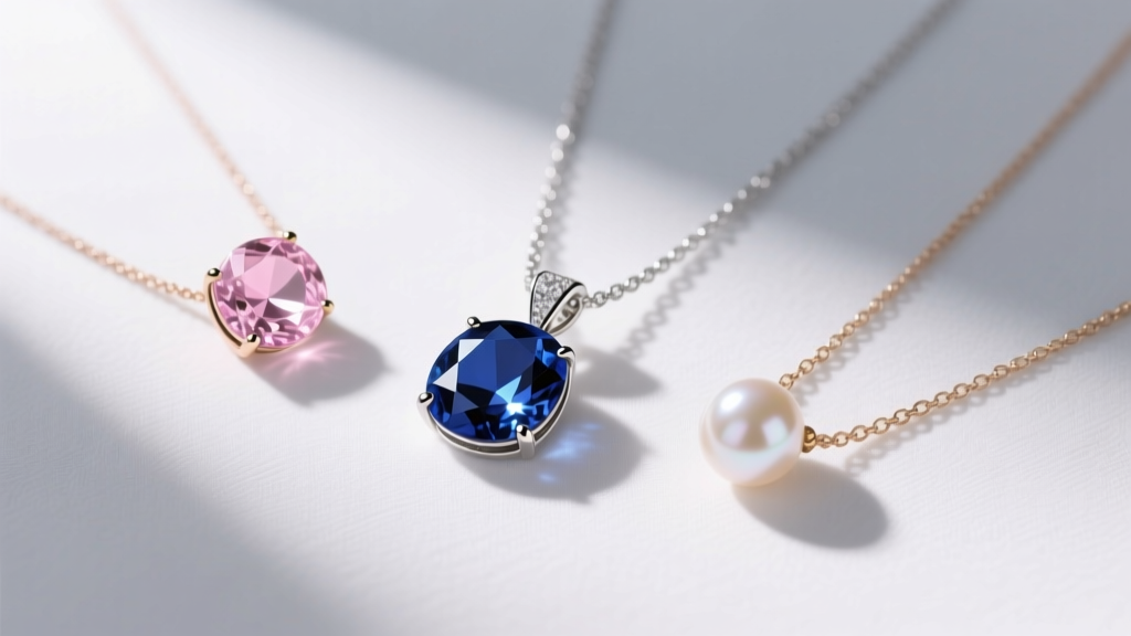 Flat lay of three romantic necklaces with different gemstones: a deep blue sapphire, a soft pink morganite, and a classic pearl