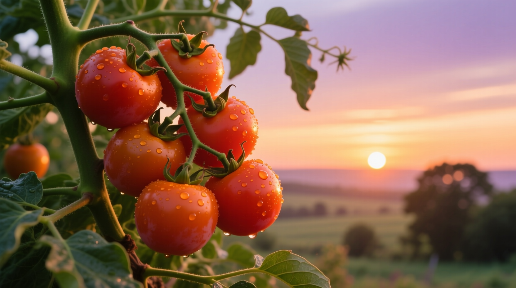 Ripe persimmon tomatoes on vine with orange sunset background