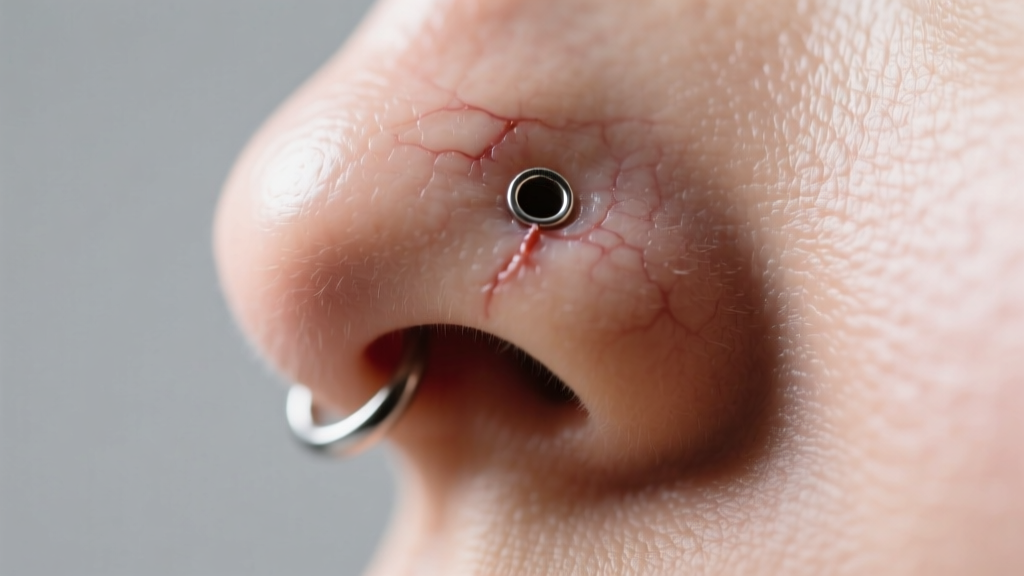 Macro photography of a healed nostril piercing hole without jewelry, showing smooth epithelialized tissue under clinical lighting