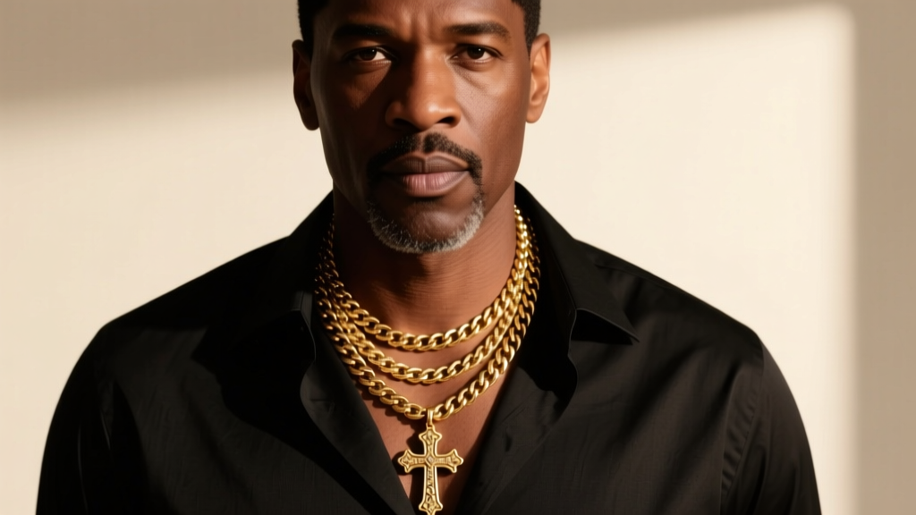 Front-facing portrait of a man wearing a three-layer gold chain stack with precise two-inch length spacing and a mid-sized cross