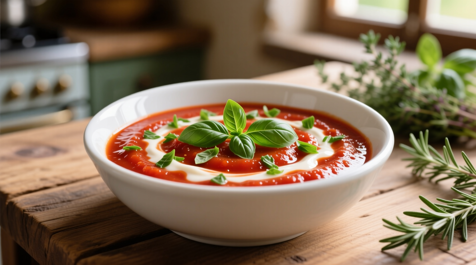 Creamy tomato basil sauce in white bowl with fresh basil garnish