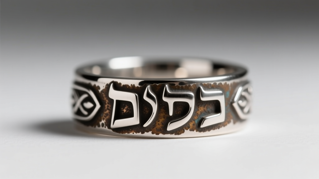 Close-up macro shot of a sterling silver Chai ring with an oxidized finish, showing the intricate Hebrew lettering Chet and Yud