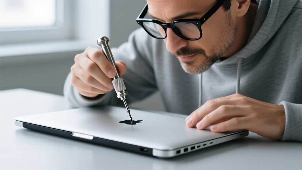 Close-up of a tech enthusiast using a magnetic pentalobe driver from a repair kit to open the bottom case of a silver MacBook Air.