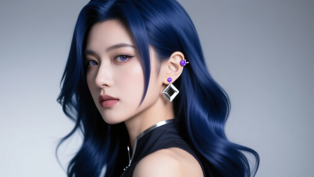 Cosplayer with dark blue hair wearing a minimalist silver ear cuff and small lavender stud earring under soft studio lighting