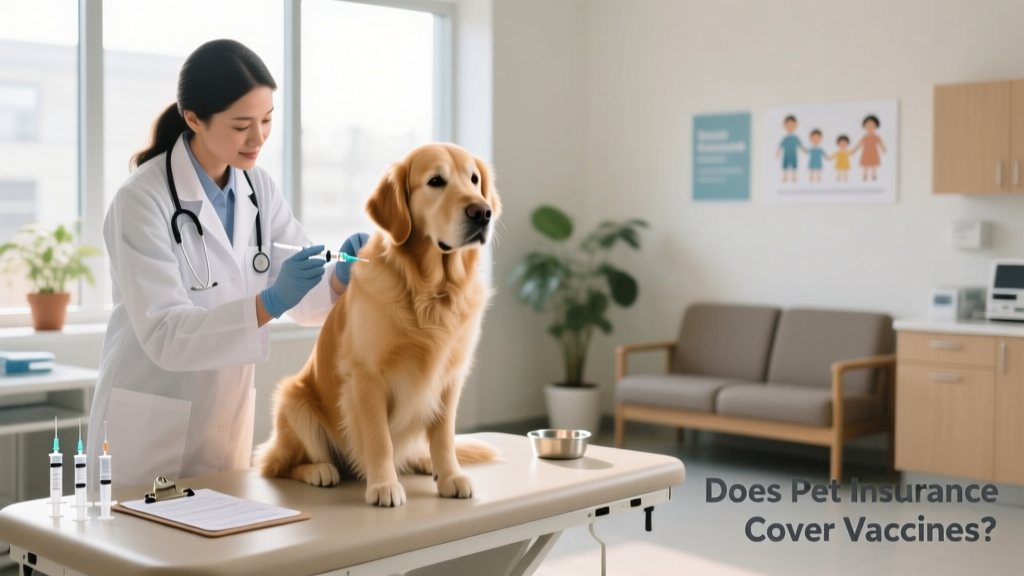 A veterinarian administering a vaccine to a calm, seated dog in a clinic setting