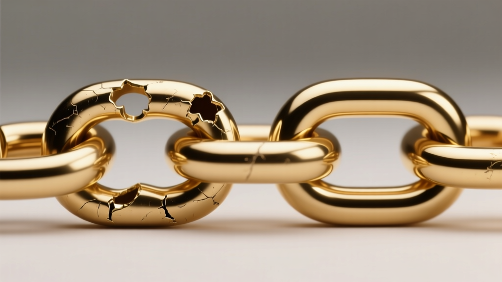 Macro view of a dented hollow gold chain link next to a pristine solid cast link, highlighting structural differences