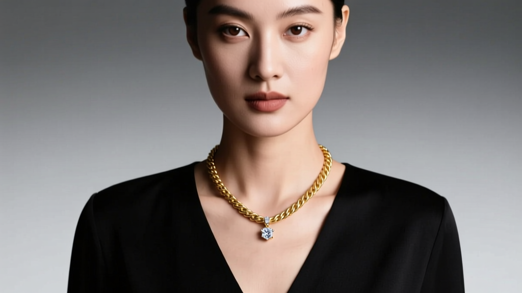 Close-up of woman wearing an 18-inch 14k gold rope chain with a small diamond pendant over a black V-neck blouse in studio light