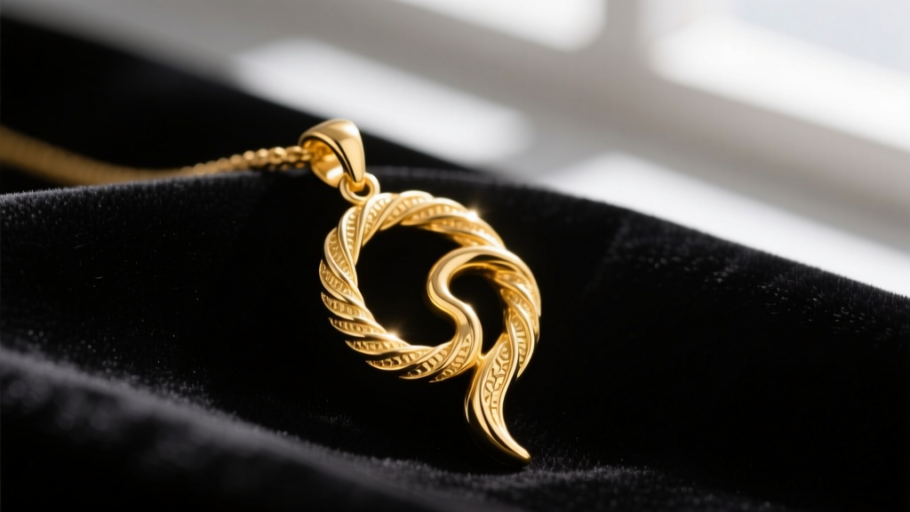 Macro shot of a textured 14k yellow gold pendant shaped like an organic umbilical cord stump resting on dark velvet fabric.