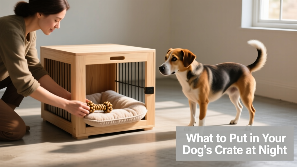 A person gently placing a soft crate pad and a single chew-safe toy inside a clean, well-lit dog crate