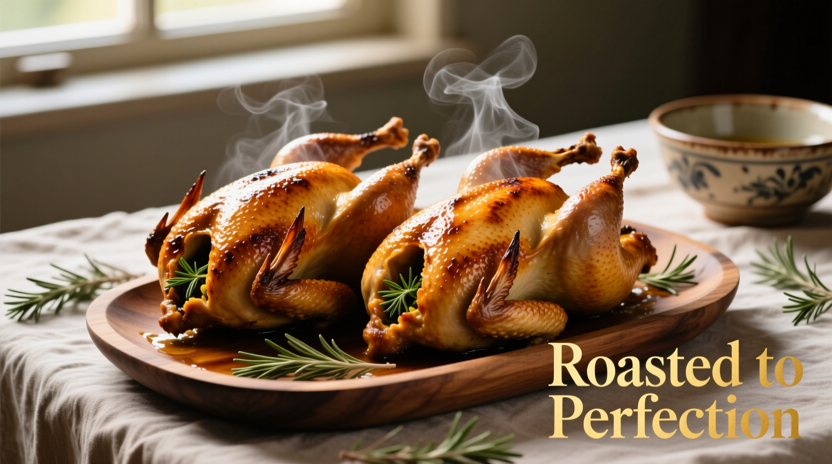 Perfectly roasted Cornish hens with golden skin on serving platter