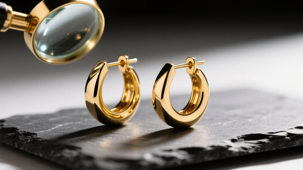 Close-up of a pair of 14-karat yellow gold hoop earrings resting on a dark slate surface with a jeweler loupe and warm soft lighting