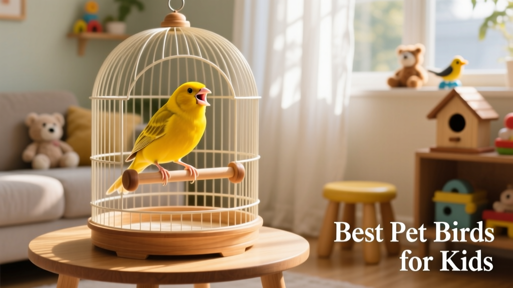 A bright yellow canary singing atop a perch inside a tidy, sunlit cage