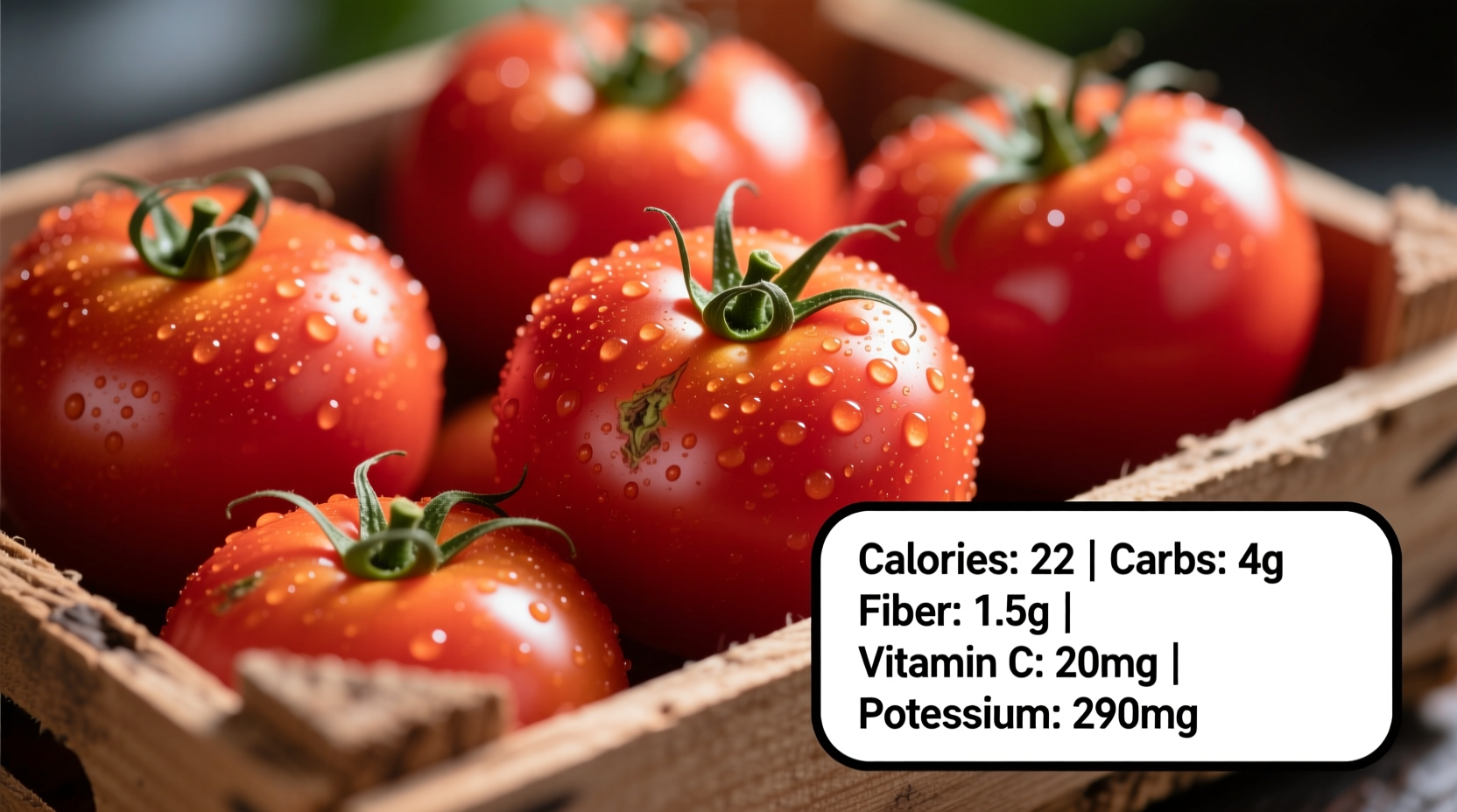 Fresh tomatoes with nutritional information overlay
