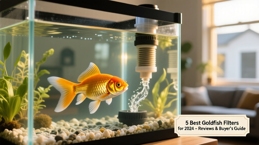Close-up of a goldfish swimming calmly in a crystal-clear 40-gallon tank with visible filter intake and output flow